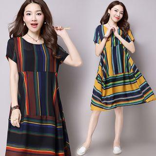 Set : Pinstripe Short-sleeve Dress + Strap Dress