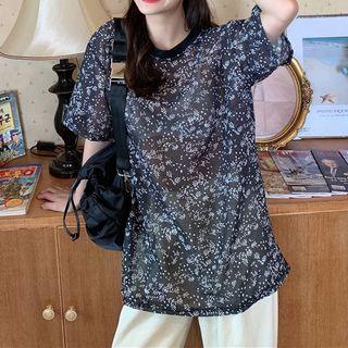 Short-sleeve Floral Print Chiffon T-shirt