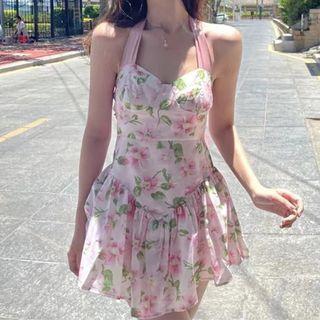 Spaghetti Strap Floral A-line Dress Pink Flowers - Pink - One Size