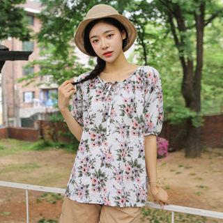 Tie-neck Puff-sleeve Floral Top