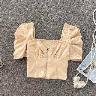 V-neck Puff-sleeve Zip Top