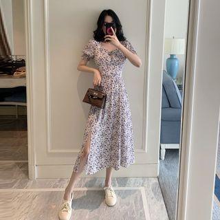 Puff-sleeve Floral Slit-side A-line Dress