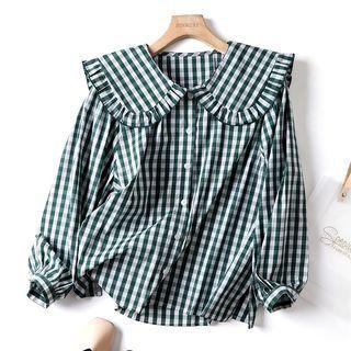 Long-sleeve Gingham Blouse Gingham - Dark Green - One Size