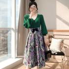 Set: Puff-sleeve Sweater + Floral Print A-line Skirt