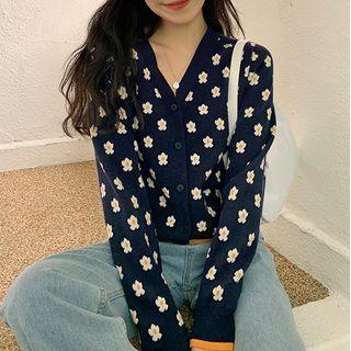 Floral Print Cardigan Navy Blue - One Size