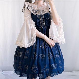Lace Panel Blouse / Flutter Strap Printed A-line Dress / Set