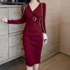 V-neck Knit Long-sleeve Slim-fit Dress
