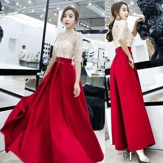 Elbow Sleeve Mock Neck Sequined Evening Gown