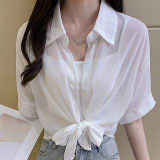 Elbow-sleeve Tie-front Chiffon Shirt