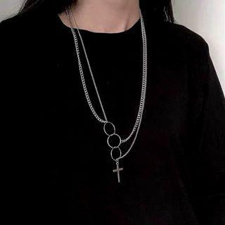 Cross Pendant Layered Alloy Necklace Silver - One Size