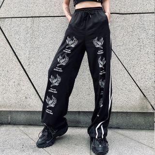 Contrast Trim Printed Drawstring-hem Sweatpants