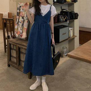 V-neck Denim Spaghetti-strap Dress Blue - One Size