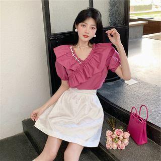 Short-sleeve Rhinestone Ruffle Blouse / Mini A-line Skirt