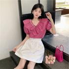 Short-sleeve Rhinestone Ruffle Blouse / Mini A-line Skirt