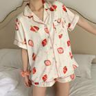 Set: Strawberry Print Short-sleeve Top + Shorts As Shown As Figure - One Size