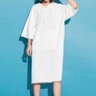 Printed-back Hooded 3/4 Sleeve Fray Midi T-shirt Dress