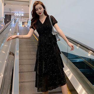 V-neck Short-sleeve Tiered A-line Dress