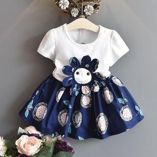 Set Of Two: Short-sleeve Plain T-shirt + Floral Printed Skirt