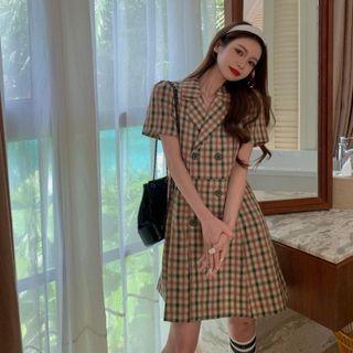 Short-sleeve Plaid Double-breasted Mini A-line Dress Plaid - Tangerine & Green - One Size
