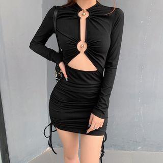 Long-sleeve Hoop Accent Cutout Drawstring Sheath Dress