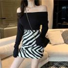 Plain Off-shoulder Long-sleeve Slim-fit Top / Striped Skirt