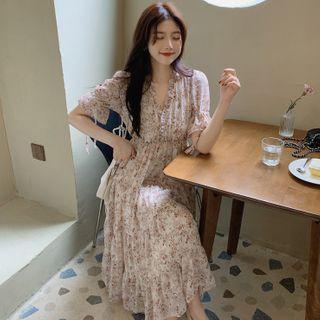 Short-sleeve Floral Print Frill Trim A-line Midi Dress As Shown In Figure - One Size