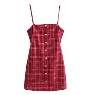 Spaghetti Strap Plaid Buttoned Mini Sheath Dress