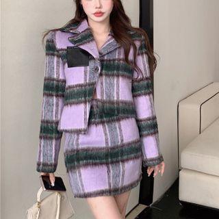 Button-up Plaid Crop Blazer / High Waist Mini Skirt