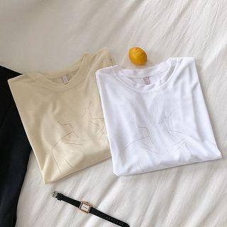 Picture Printed Crewneck Short-sleeve Mesh Top