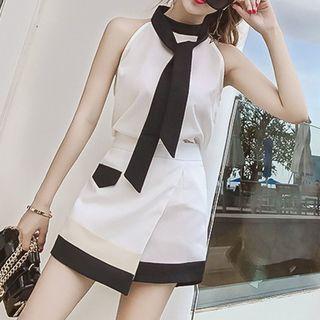 Set: Sleeveless Tie Neck Top + Skort