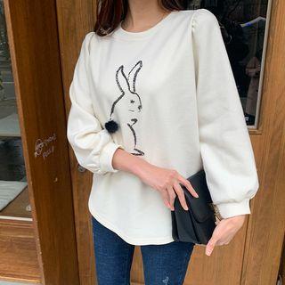 Rabbit-sequined Balloon-sleeve T-shirt