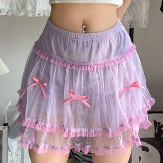 Mid Rise Bow Accent Ruffled-trim Layered Mini Skirt