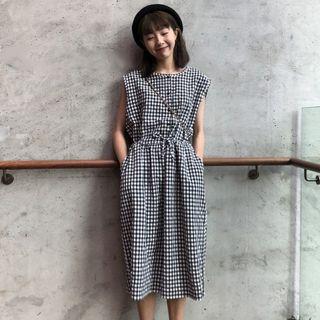 Plaid Sleeveless Drawstring Waist Midi Dress Black & White - One Size