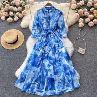 Lapel Floral Print A-line Dress