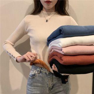 Long-sleeve Mock Neck Plain Fleece Knit Top