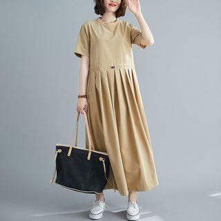 Short-sleeve Drawcord Midi A-line Dress Almond - One Size