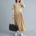 Short-sleeve Drawcord Midi A-line Dress Almond - One Size