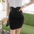 High-waist Double-button Pencil Skirt Black - One Size