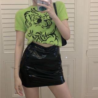 Short-sleeve Knit Top / Faux Leather Pencil Skirt