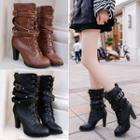 Buckled High Heel Lace-up Mid-calf Boots