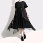 Short-sleeve Sheer Panel Midi Dress Black - One Size