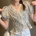 Puff-sleeve Floral Print Frill Trim Peplum Crop Top
