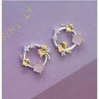 925 Sterling Silver Rhinestone Cat Eye Stone Leaf Mini Hoop Earring 1 Pair - Gold & Pink & Silver - One Size
