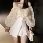 Silky Dotted Off-shoulder Long-sleeve Top / Wrap Mini A-line Skirt