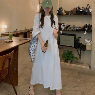 Elbow Sleeve Loose-fit Plain Slit-hem Midi T-shirt Dress