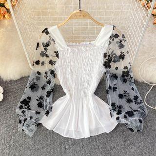 Long-sleeve Floral Mesh Shirred Peplum Top