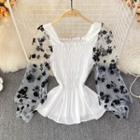 Long-sleeve Floral Mesh Shirred Peplum Top