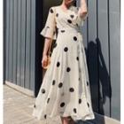 Dotted Bell-sleeve Maxi A-line Chiffon Dress