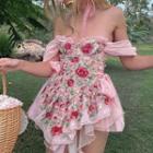 Floral Print Lace Trim Off-shoulder A-line Dress