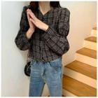 Long-sleeve Plaid Open Back Buttoned Top